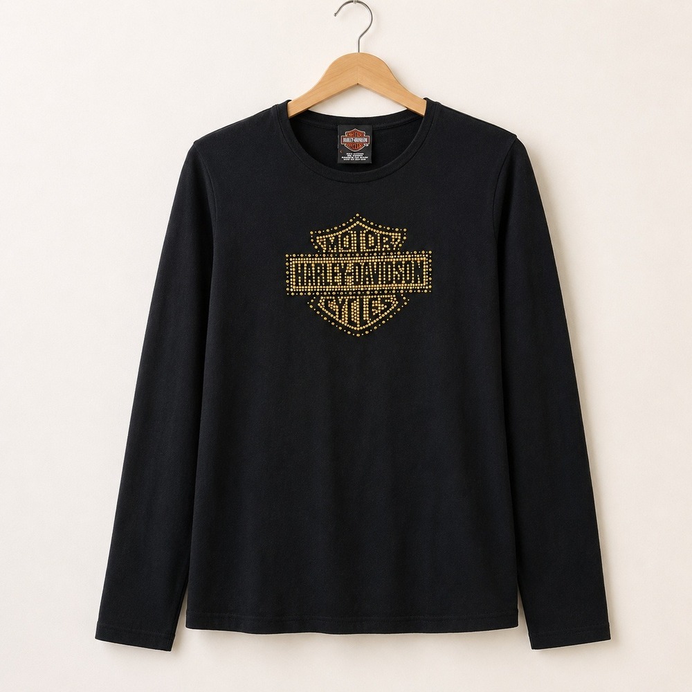 Harley-Davidson Biker Core Studded Logo Tee Women L Black Gold Long Sleeve Shirt